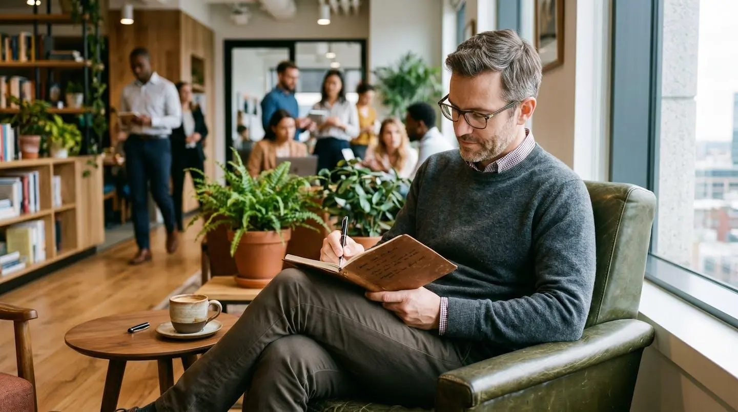 Collaborateur masculin prenant des notes dans un carnet dans un espace de travail informel après une session de formation