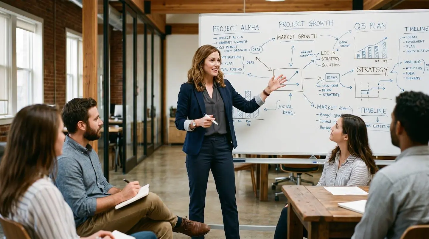 Collaboratrice debout devant un tableau blanc annotant un schéma de compétences lors d'un atelier RH